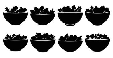 Collection of silhouette illustrations of bowls filled with salad. Perfect for menus, healthy eating concepts, or restaurant branding. vector