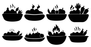 Collection of simple black silhouette icons depicting bowls of steaming vegetables. Perfect for menus, recipe websites, or healthy eating concepts. vector