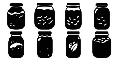 Collection of black silhouette icons depicting various filled jars. Perfect for canning, preserving, or storage concepts. vector