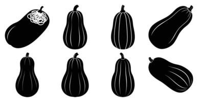 Set of pumpkin silhouettes, butternut, kabocha, acorn, and more. Perfect for autumn designs, harvest themes, and fall decorations. vector