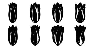 Collection of eight stylized tulip silhouettes, perfect for logos, patterns, or design elements. Black and white illustration. vector