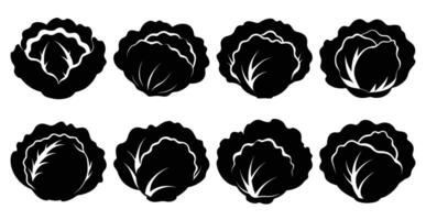 Collection of eight black and white lettuce head silhouettes. Perfect for menus, farm to table branding, or healthy eating concepts. vector