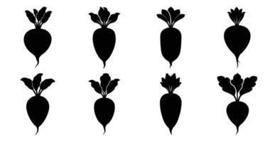 Collection of eight beetroot silhouettes, varying in shape and size. Perfect for culinary, health, or farming designs. vector