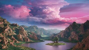 A beautiful landscape with a river and mountains photo