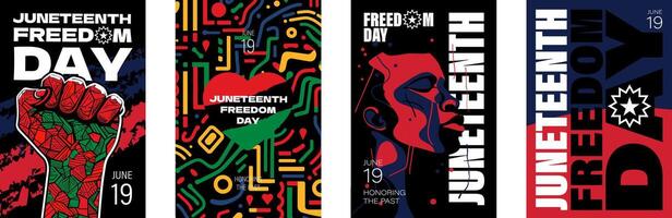 Juneteenth celebration poster with African American heritage. Raised fist with Juneteenth flag and powerful typography symbolizing freedom, unity and emancipation on June 19 1865. Bold eps print set vector