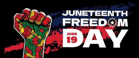 Juneteenth freedom banner with raised powerful fist unity symbol. Bold print celebrating African American history, equality and emancipation. Cultural movement, activism and tradition design. vector