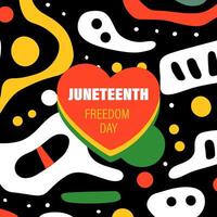 Juneteenth square banner. Heart on abstract vibrant pattern. Black freedom, unity and cultural heritage print. Red, yellow and green colors symbol emancipation, justice and African American history vector