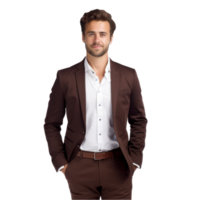 Handsome man in a brown suit and white shirt isolated on transparent background png