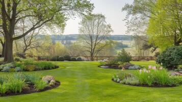 A garden with a circular lawn and trees photo