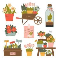 Spring Gardening Elements Set with Potted Flowers. vector