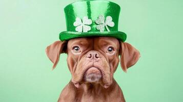 dog wearing shiny green top hat with shamrocks on green background photo