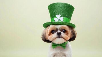 Shih Tzu wearing glittery green leprechaun hat and bow tie, looking festive photo