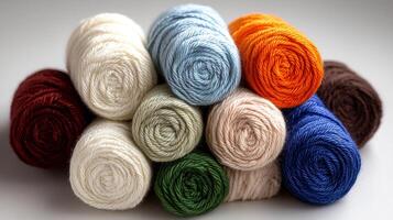Colorful woolen yarn balls arranged in pyramid on white surface photo