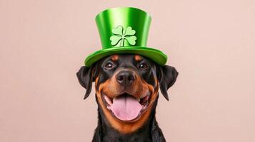 cheerful Rottweiler wearing green hat with shamrock on neutral background. photo
