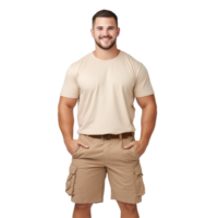 A man is a wearing a tan shirt and khaki shorts isolated on transparent background png