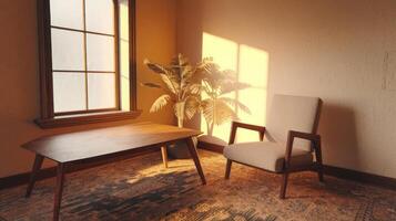 A chair and table in front of a window photo
