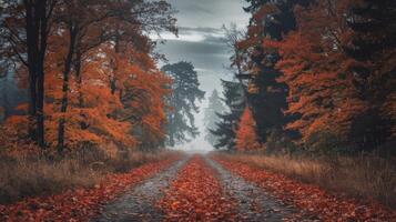 An autumn road with leaves on the ground photo