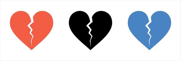 A set of broken heart designs featuring a jagged split in the middle, presented in a bold and simple style, ideal for both digital and print use. vector