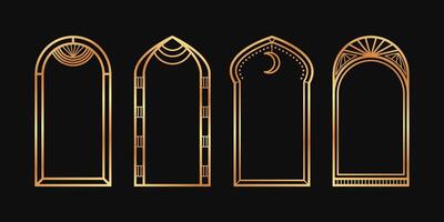 Ramadan arabian decorative arches collection. Muslim linear gold frames with minimalistic islamic symbols. Linear borders boho arch vector