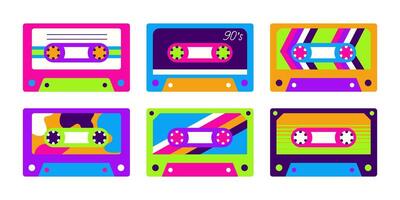 Music tapes in retro style collection isolated on white. Psychedelic audio tapes records vector