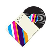 Vinyl record partially emerging from a cardboard sleeve, illustration in retro style. Neon colored packaging and retro music disk on white vector