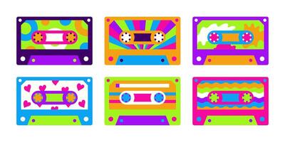 Music tapes in retro style collection isolated on white. Psychedelic audio tapes records set vector