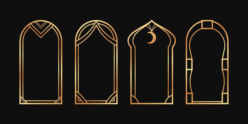Ramadan arabic decorative arches collection. Muslim linear gold frames minimalistic islamic style. Linear borders boho arch on black