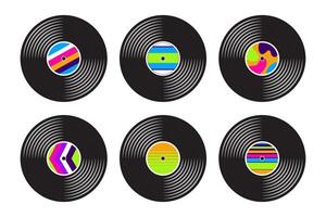 Vinyl music plates collection in retro style isolated on white. Psychedelic nostalgia audio records vector