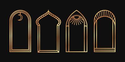 Linear decorative boho arch in gold color. Art Deco bohemian arch frames set on black vector