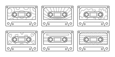 Linear music tapes set on white. Isolated collection of contour retro cassettes for coloring pages vector