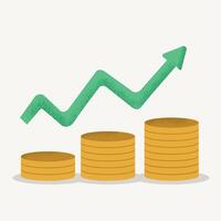 Stacks of coins increasing in size with an upward arrow on a light background. vector