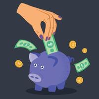 Hand inserting a banknote into a piggy bank with coins and cash falling around on a dark background. vector