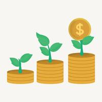 Stacks of coins with growing plants symbolizing investment, savings, and financial growth on a light background. vector