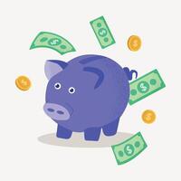 Piggy bank with falling coins and banknotes on a light background. vector