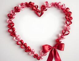 A heart shaped frame with red ribbon and a bow photo