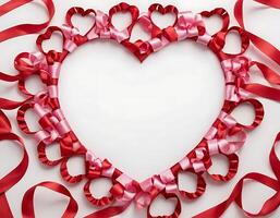 Heart shaped frame with red ribbons on white background photo