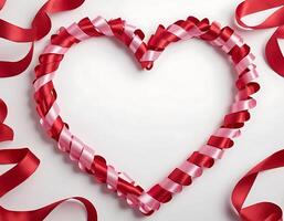 A heart shaped frame with red and pink ribbons photo