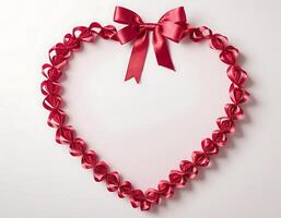 Heart shaped frame with red ribbon and bow on white background photo