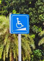 Blue Accessibility Sign with Wheelchair Symbol Near Lush Greenery and Palm Trees in a Public Park Setting photo