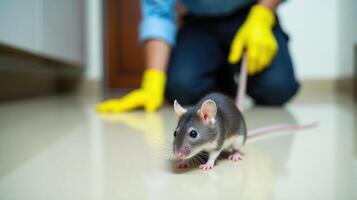 Man in Rubber Gloves Catching a Mouse - A Fight for Home Hygiene photo