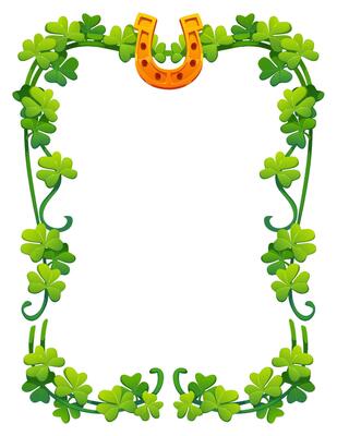 St Patrick frame golden horseshoe, shamrock clover