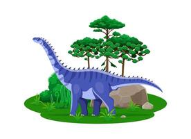 A blue dinosaur standing in the grass with trees vector