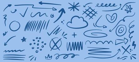 Brush abstract line shape blue background. Hand drawn sketch doodle scribble brush geometric. Abstract arrow, circle, zigzag illustration vector