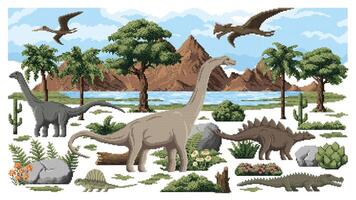 8 bit pixel prehistoric dinosaurs, arcade game vector