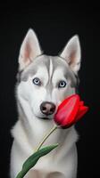 A dog with blue eyes holding a red flower photo