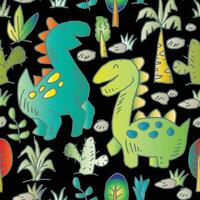 Seamless cartoon dinosaur pattern on black background. vector