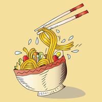 Noodles in a bowl with chopsticks. vector