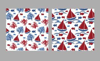 A set of marine patterns with boats and corals and fish vector