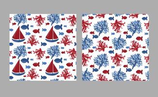 A set of minimalist marine patterns with ships and corals vector