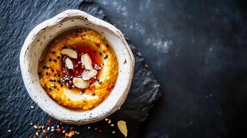 Lentil dip with turmeric and chili served in a rustic bowl on a dark stone surface photo